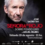 Señora de rojo sobre fondo gris